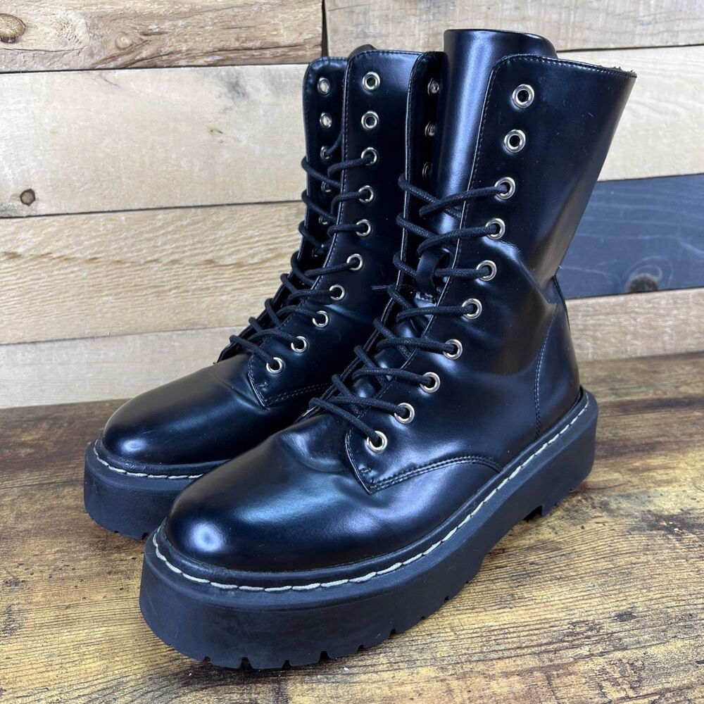 H&M Divided Boots Women 9  Black Combat Platform Lace Up Chunky Lug Sole Zip